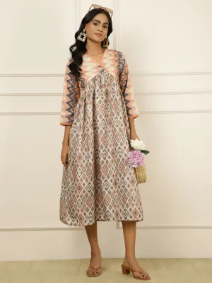 Peach Geometric Printed Gathered Dress