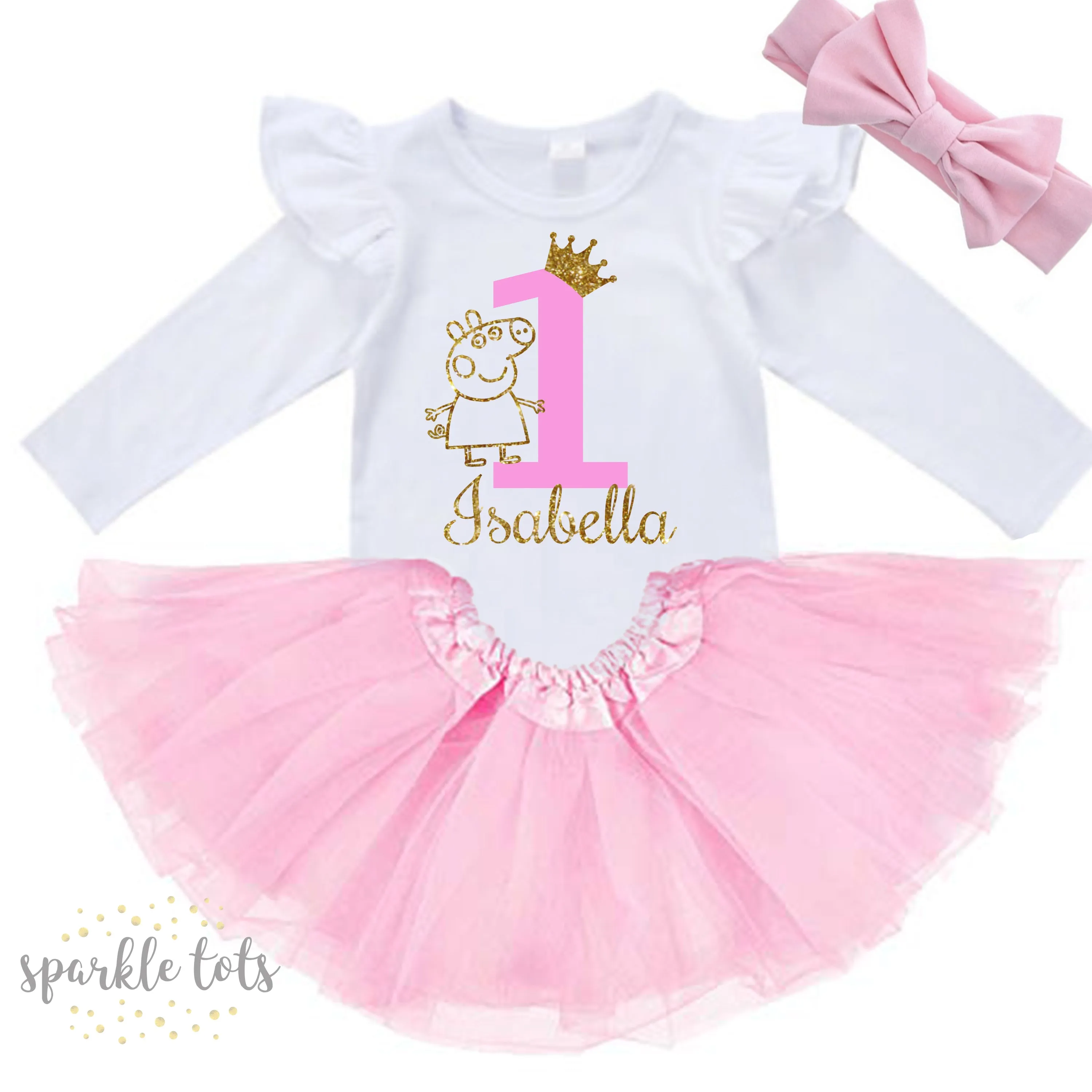 Peppa Pig 1st Birthday Outfit – Customisable Ruffled Vest with Pink Tutu & Bow Set