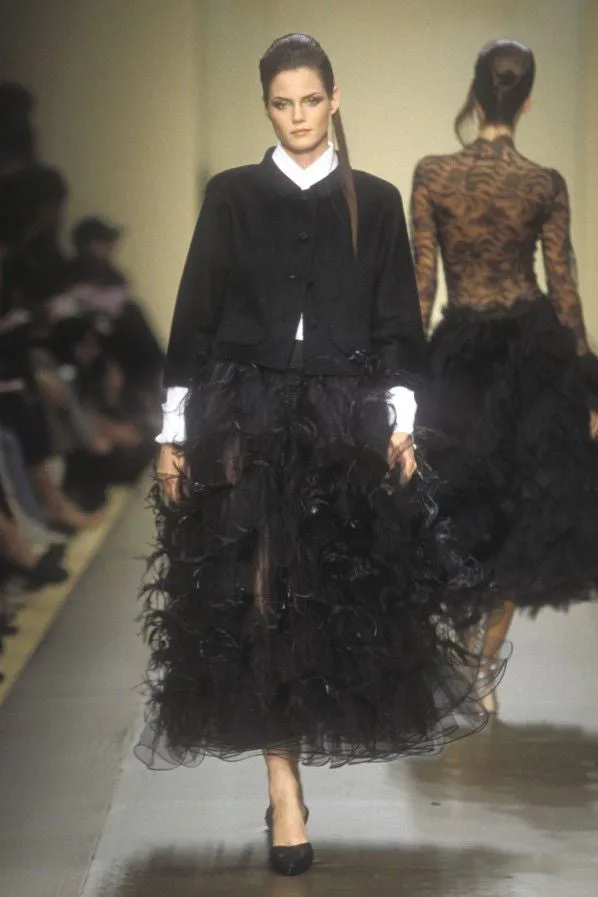 Pierre Balmain Fall 2000 Haute Couture Silk Chiffon, Net & Feather Skirt Dress - 12.5-14" W