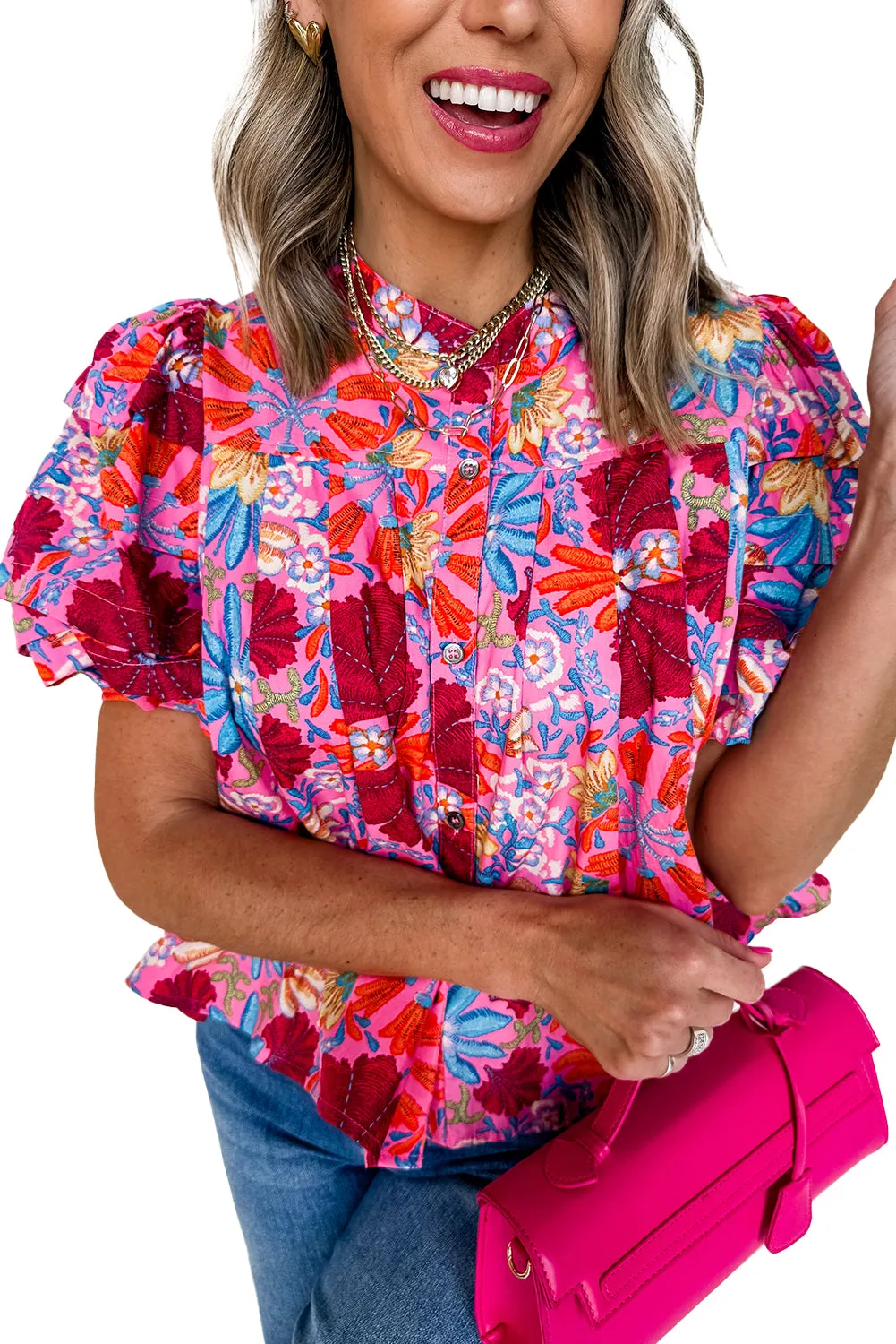 Pink Floral Print Bubble Sleeve Button Up Pleated Shirt