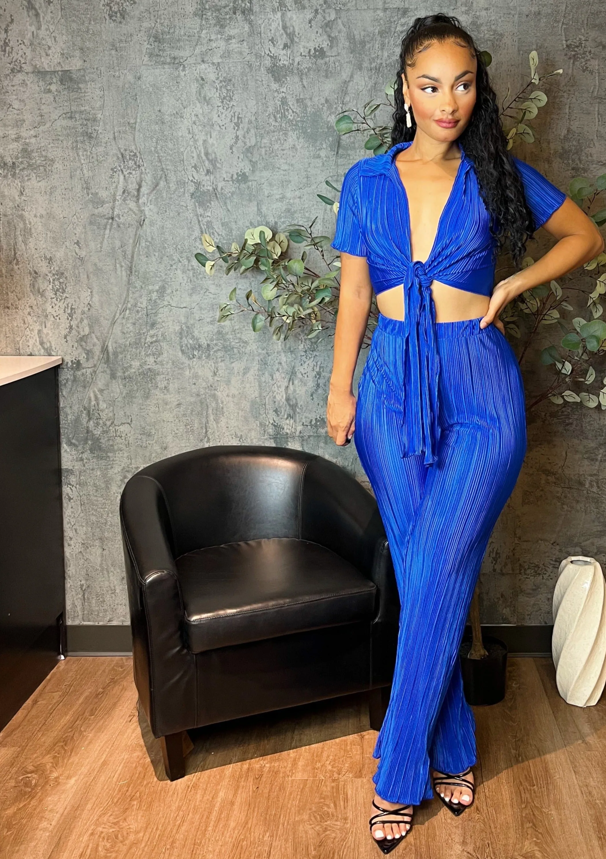 Pleated Front-Tie Top & High-Waisted Pant (Royal Blue)