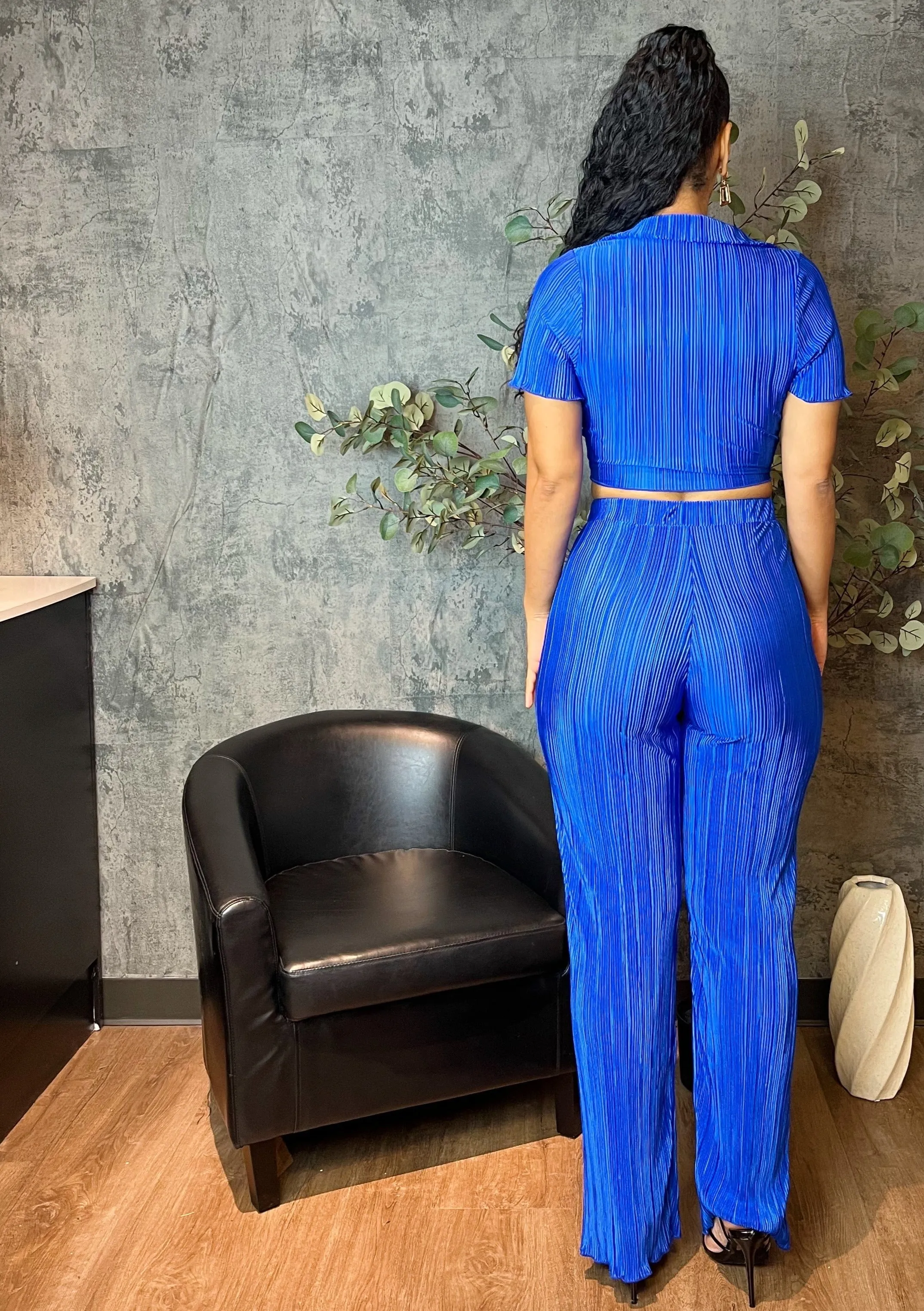 Pleated Front-Tie Top & High-Waisted Pant (Royal Blue)