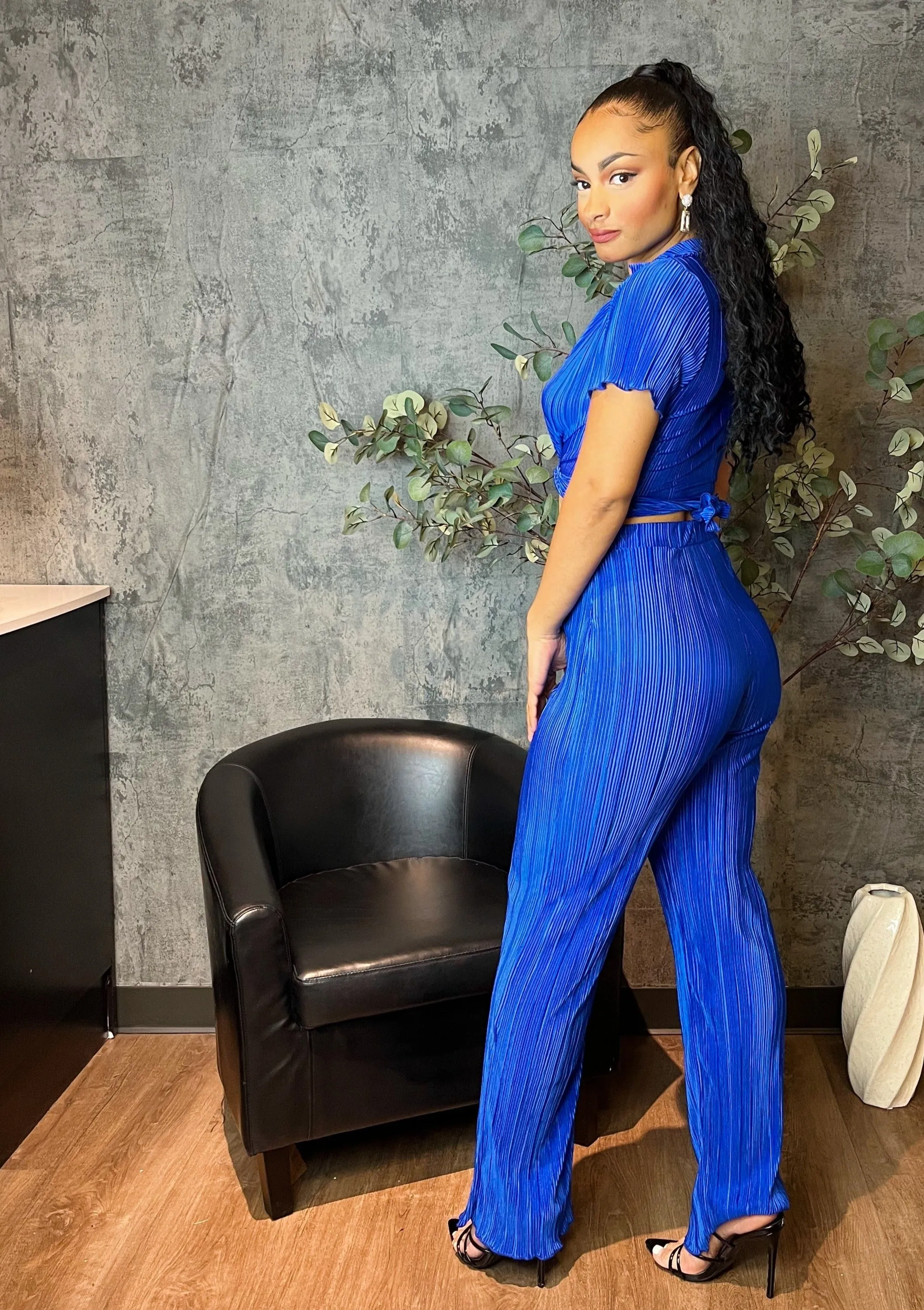Pleated Front-Tie Top & High-Waisted Pant (Royal Blue)