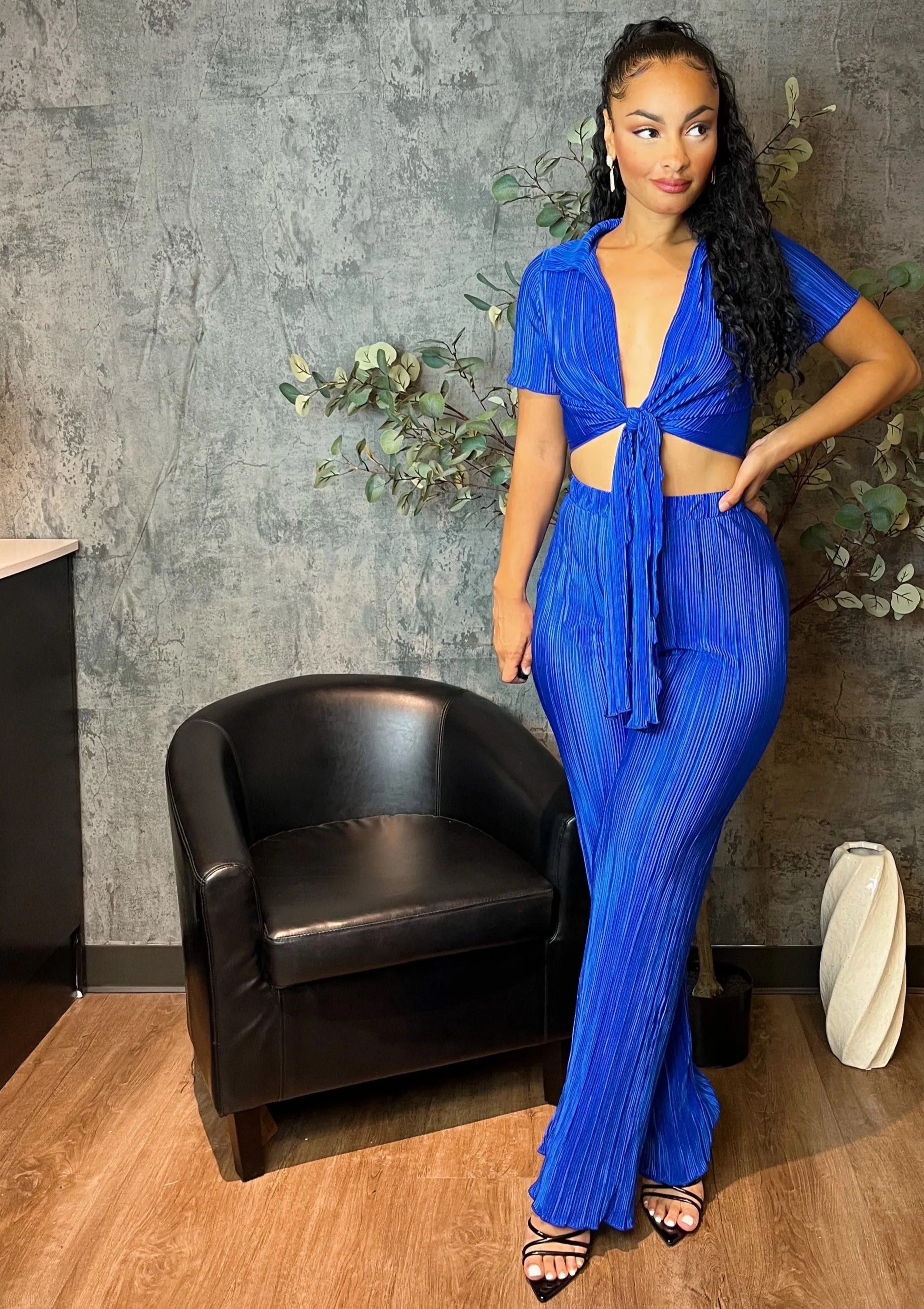 Pleated Front-Tie Top & High-Waisted Pant (Royal Blue)