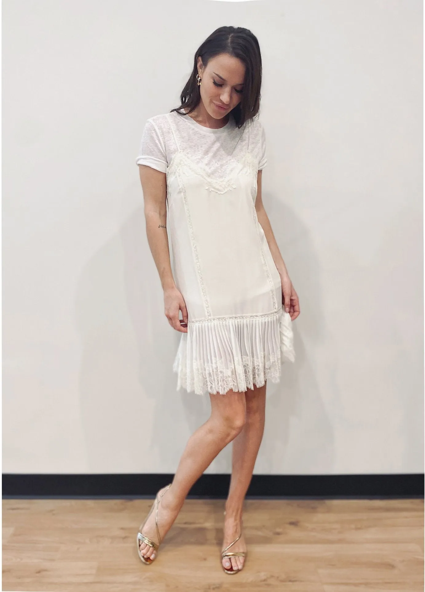 Pleated Lace Silk Dress Dove