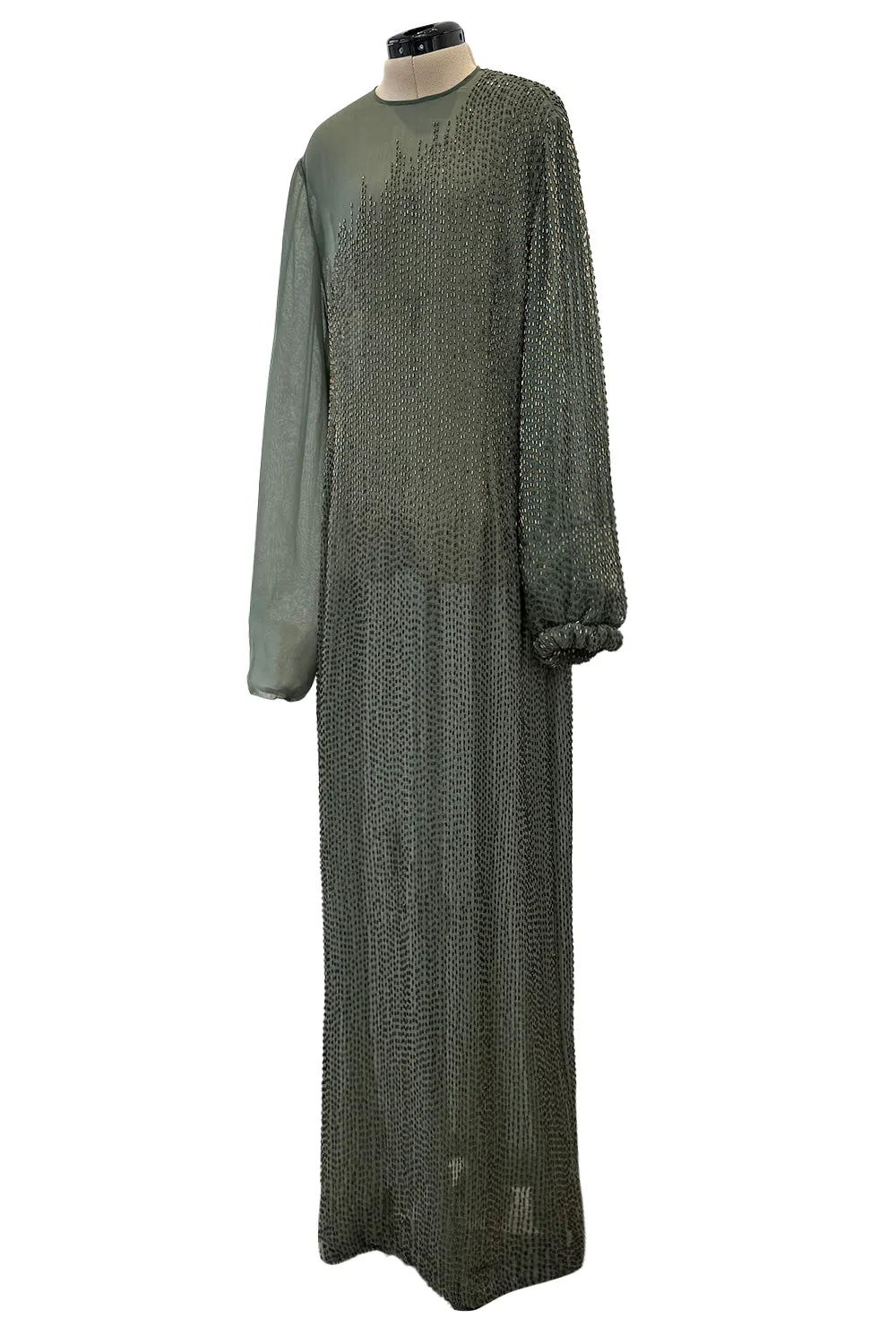 Prettiest Fall 1981 John Anthony Couture Moss Green Silk Chiffon Dress w Hand Beaded Detailing