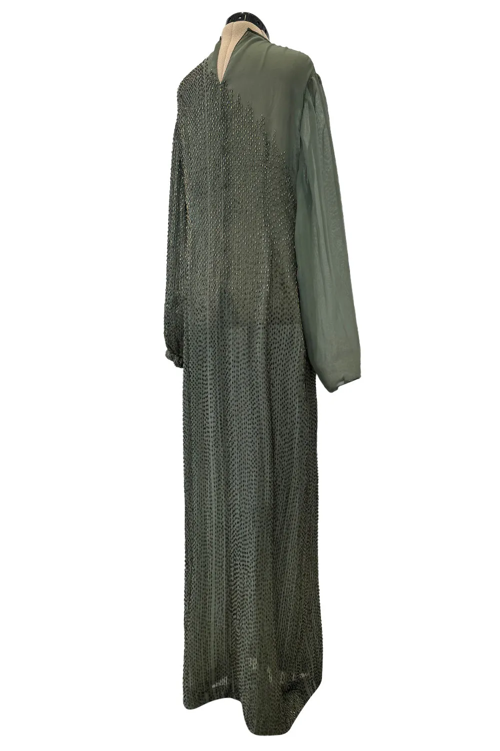 Prettiest Fall 1981 John Anthony Couture Moss Green Silk Chiffon Dress w Hand Beaded Detailing