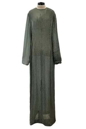 Prettiest Fall 1981 John Anthony Couture Moss Green Silk Chiffon Dress w Hand Beaded Detailing