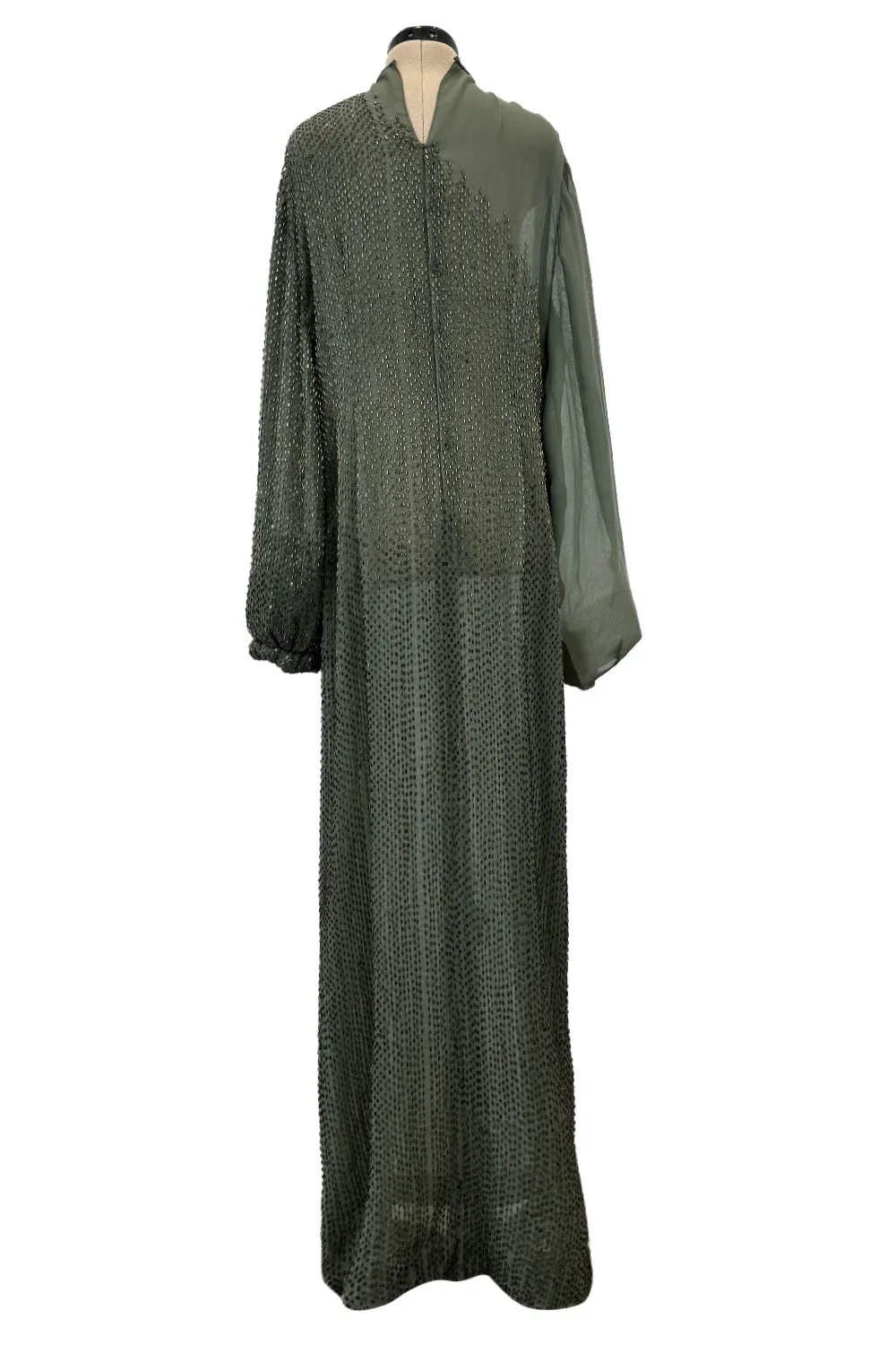 Prettiest Fall 1981 John Anthony Couture Moss Green Silk Chiffon Dress w Hand Beaded Detailing