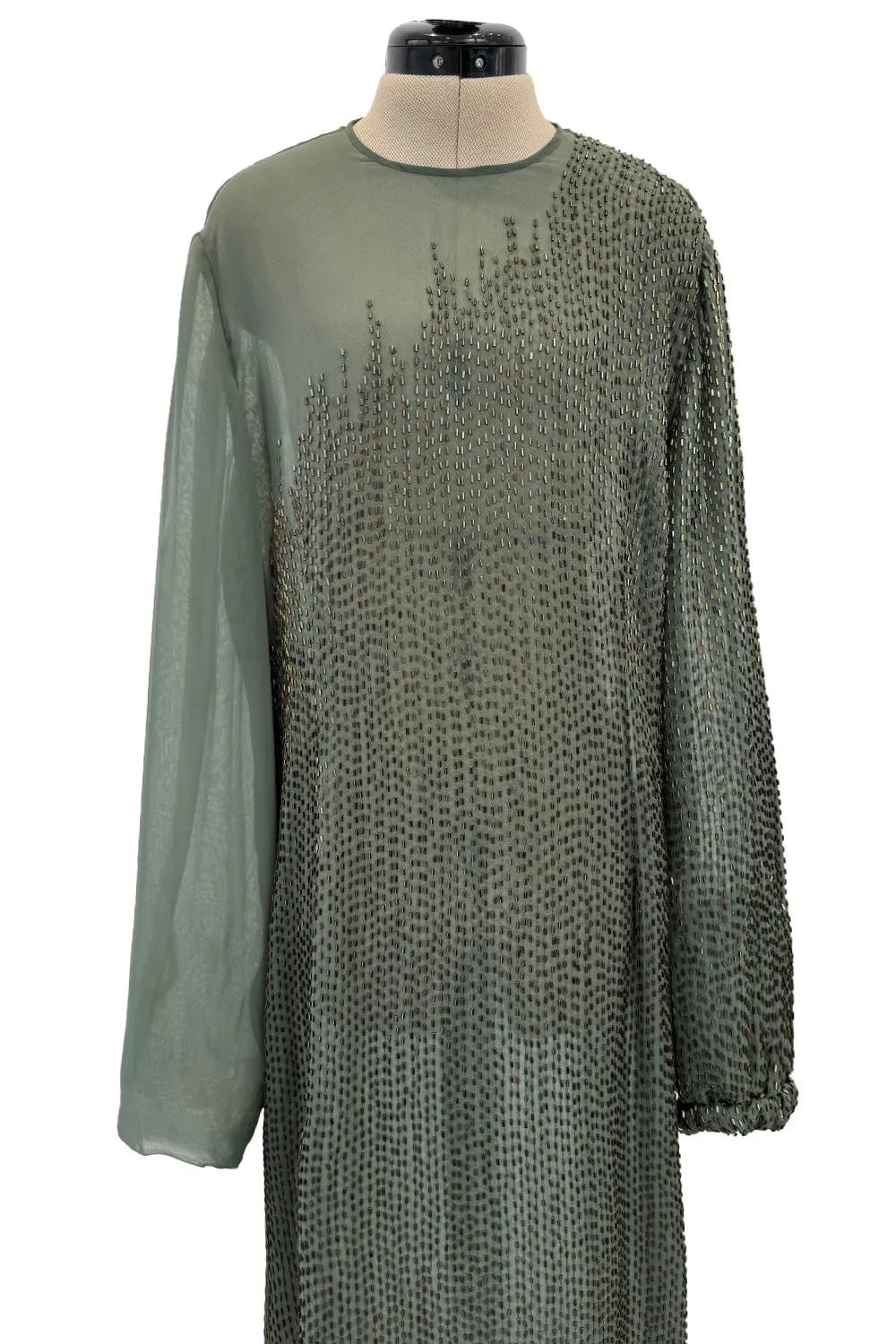 Prettiest Fall 1981 John Anthony Couture Moss Green Silk Chiffon Dress w Hand Beaded Detailing