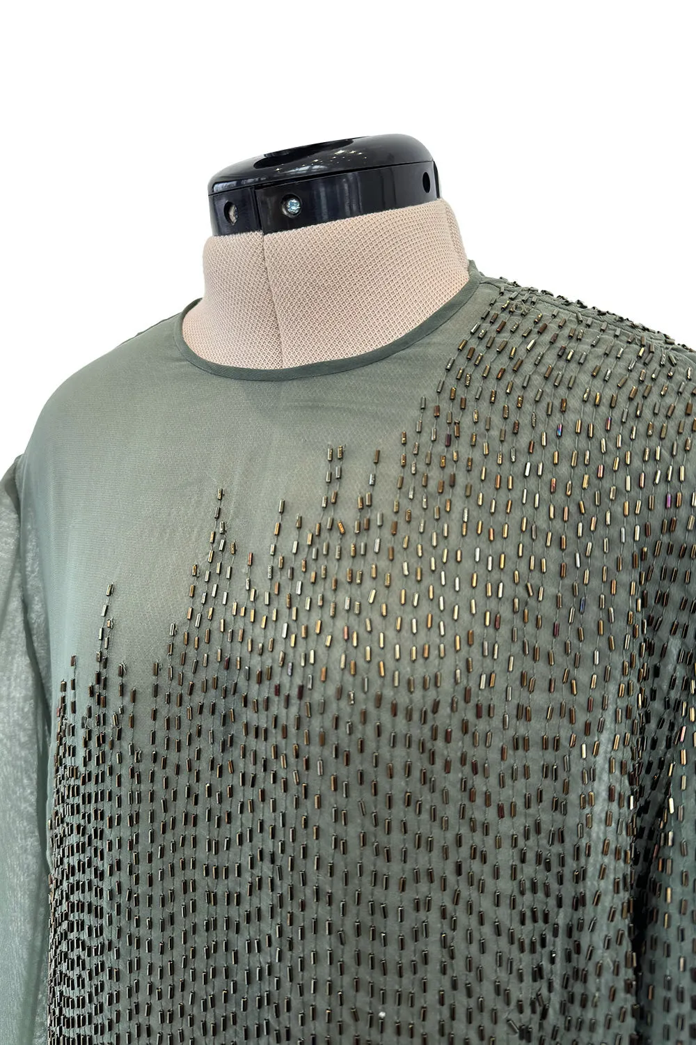 Prettiest Fall 1981 John Anthony Couture Moss Green Silk Chiffon Dress w Hand Beaded Detailing