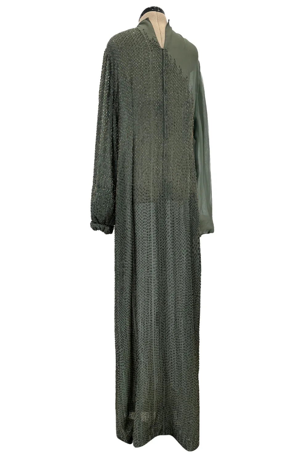 Prettiest Fall 1981 John Anthony Couture Moss Green Silk Chiffon Dress w Hand Beaded Detailing