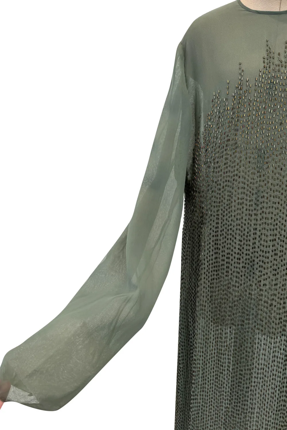Prettiest Fall 1981 John Anthony Couture Moss Green Silk Chiffon Dress w Hand Beaded Detailing