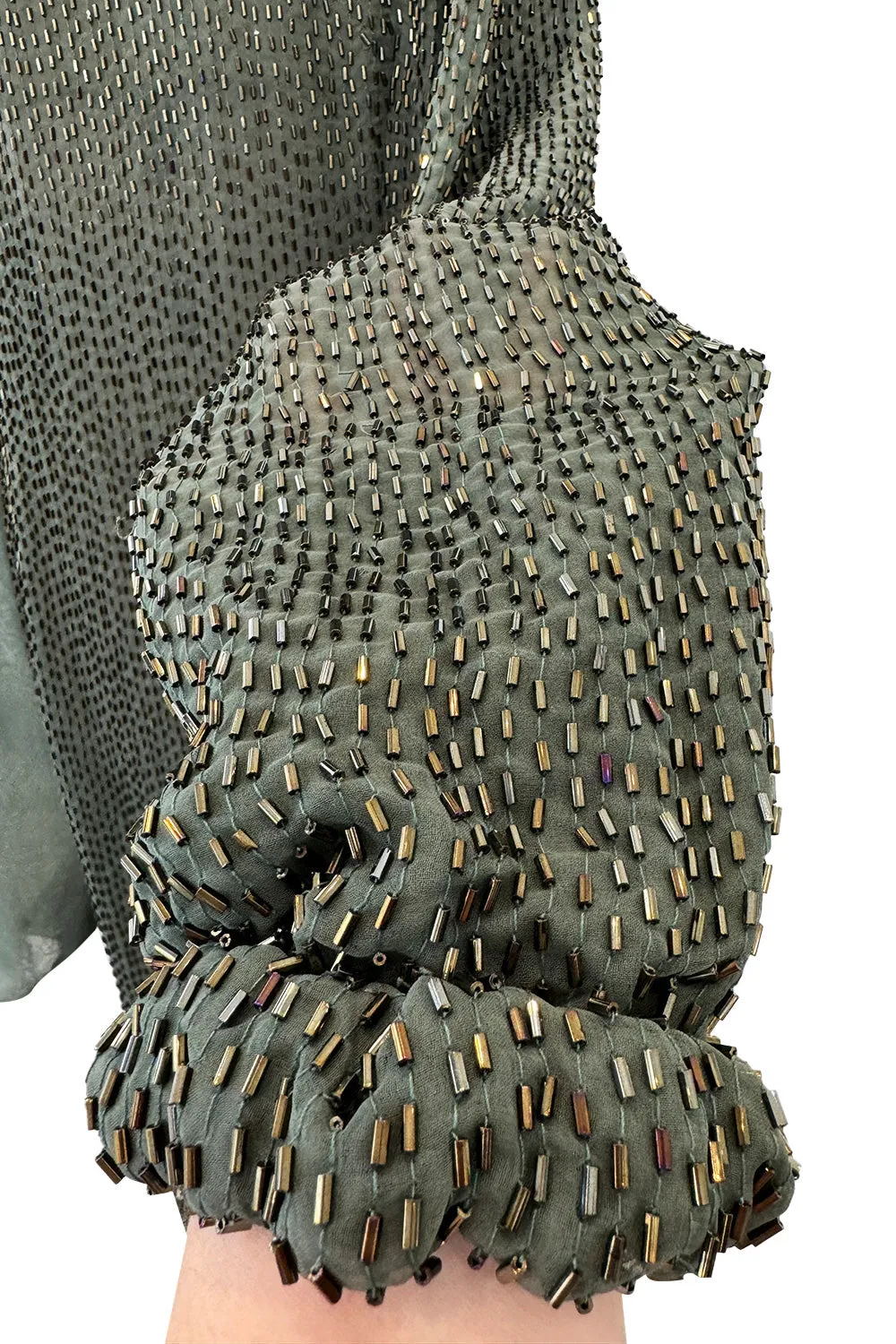 Prettiest Fall 1981 John Anthony Couture Moss Green Silk Chiffon Dress w Hand Beaded Detailing