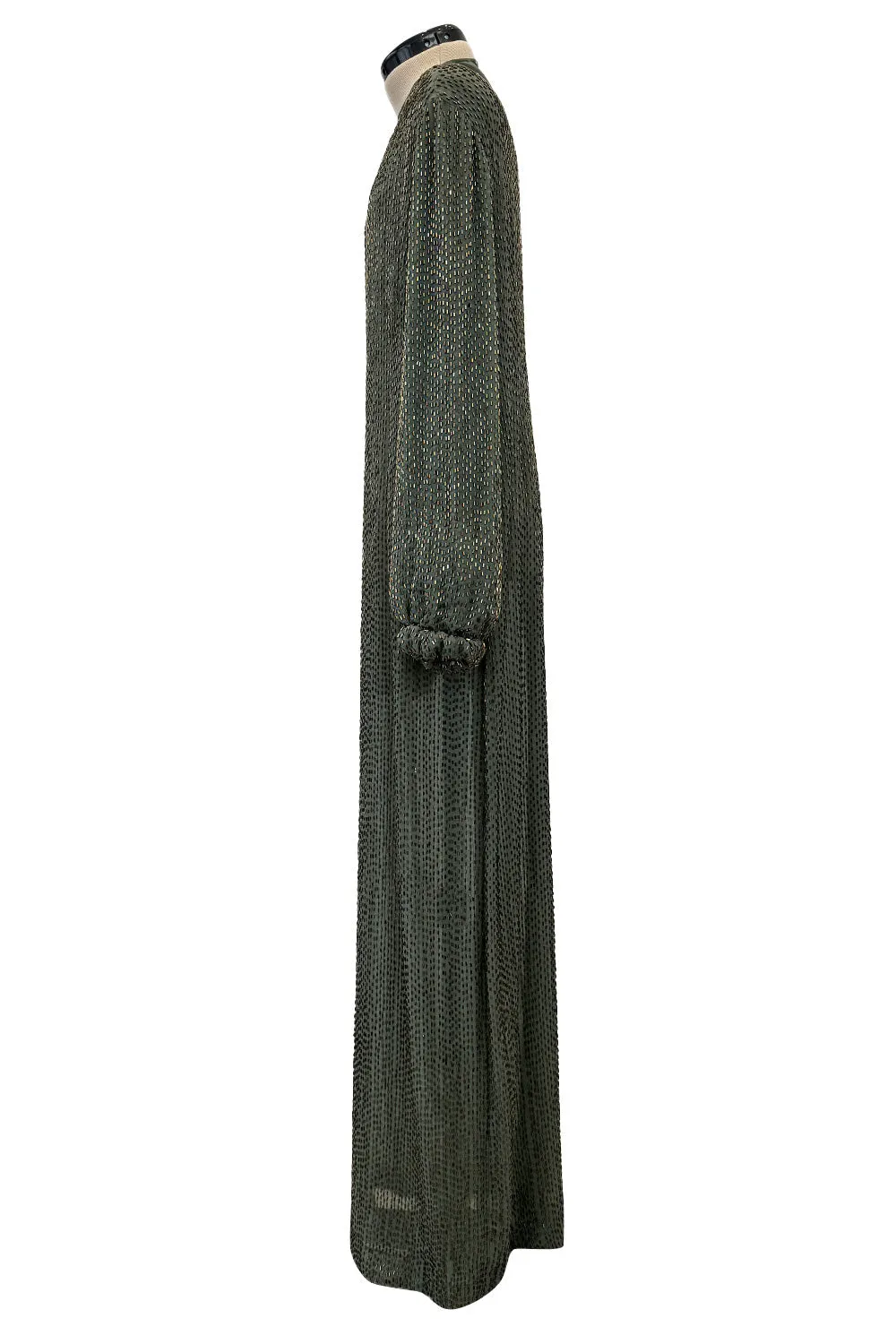 Prettiest Fall 1981 John Anthony Couture Moss Green Silk Chiffon Dress w Hand Beaded Detailing