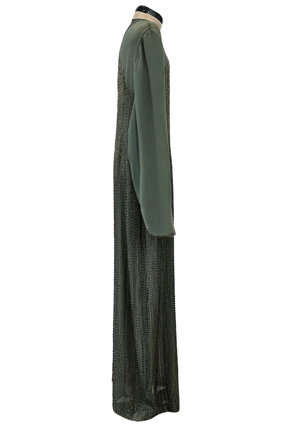Prettiest Fall 1981 John Anthony Couture Moss Green Silk Chiffon Dress w Hand Beaded Detailing