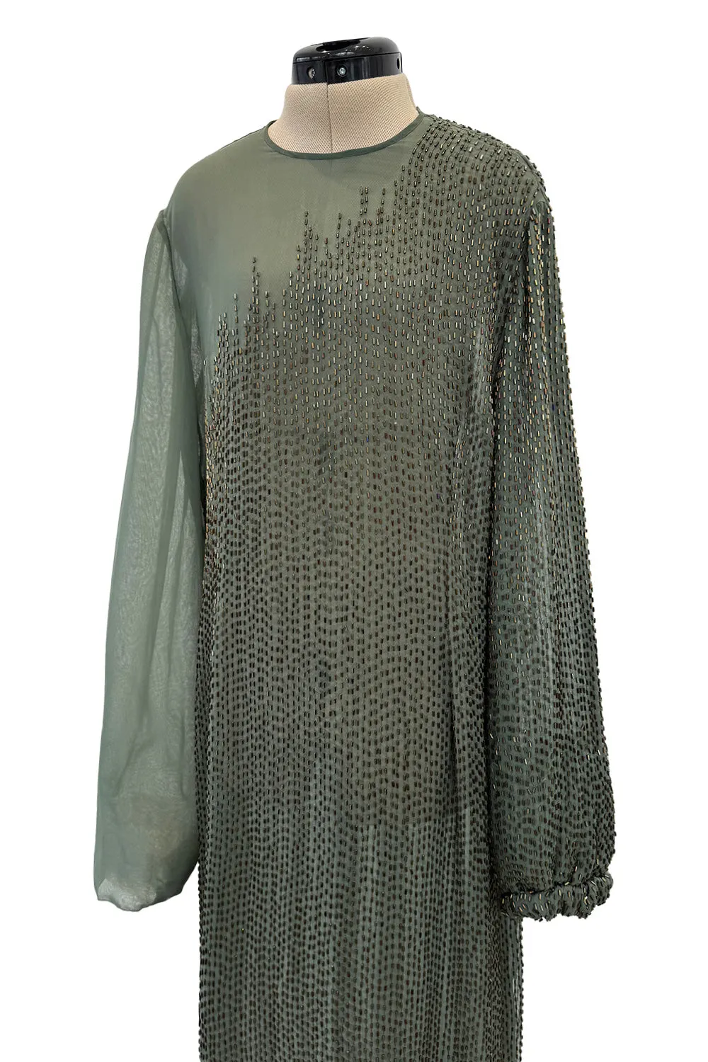 Prettiest Fall 1981 John Anthony Couture Moss Green Silk Chiffon Dress w Hand Beaded Detailing