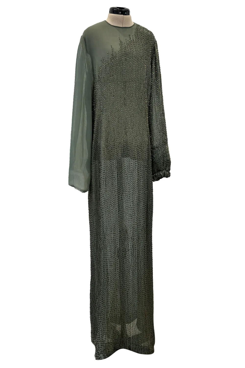 Prettiest Fall 1981 John Anthony Couture Moss Green Silk Chiffon Dress w Hand Beaded Detailing