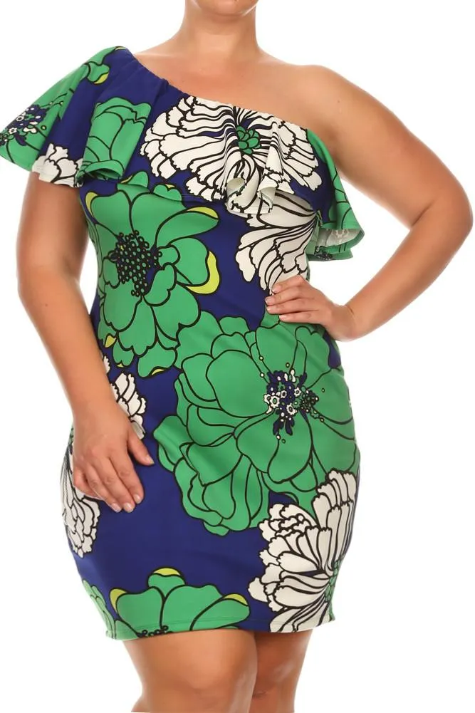 Pretty One Shoulder Ruffled Floral Print Dress