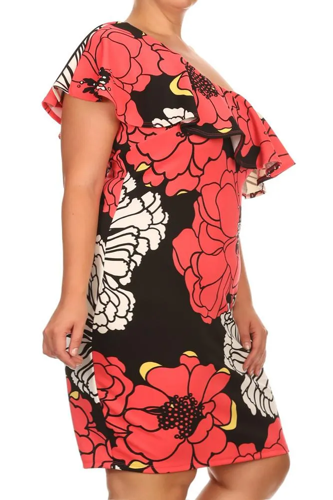 Pretty One Shoulder Ruffled Floral Print Dress