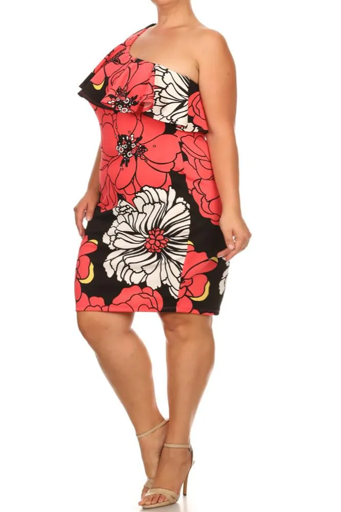 Pretty One Shoulder Ruffled Floral Print Dress