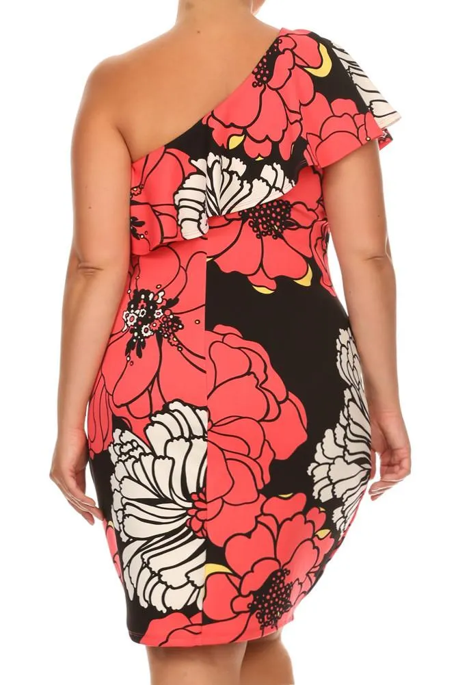 Pretty One Shoulder Ruffled Floral Print Dress