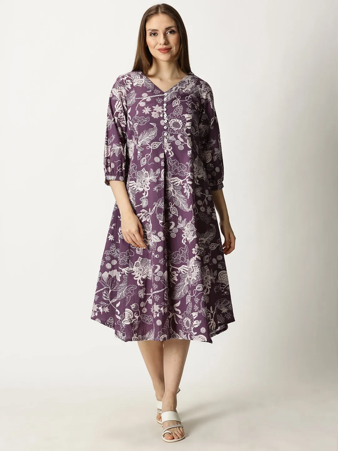 Purple Tropical Print Cotton Dress with Back Strap