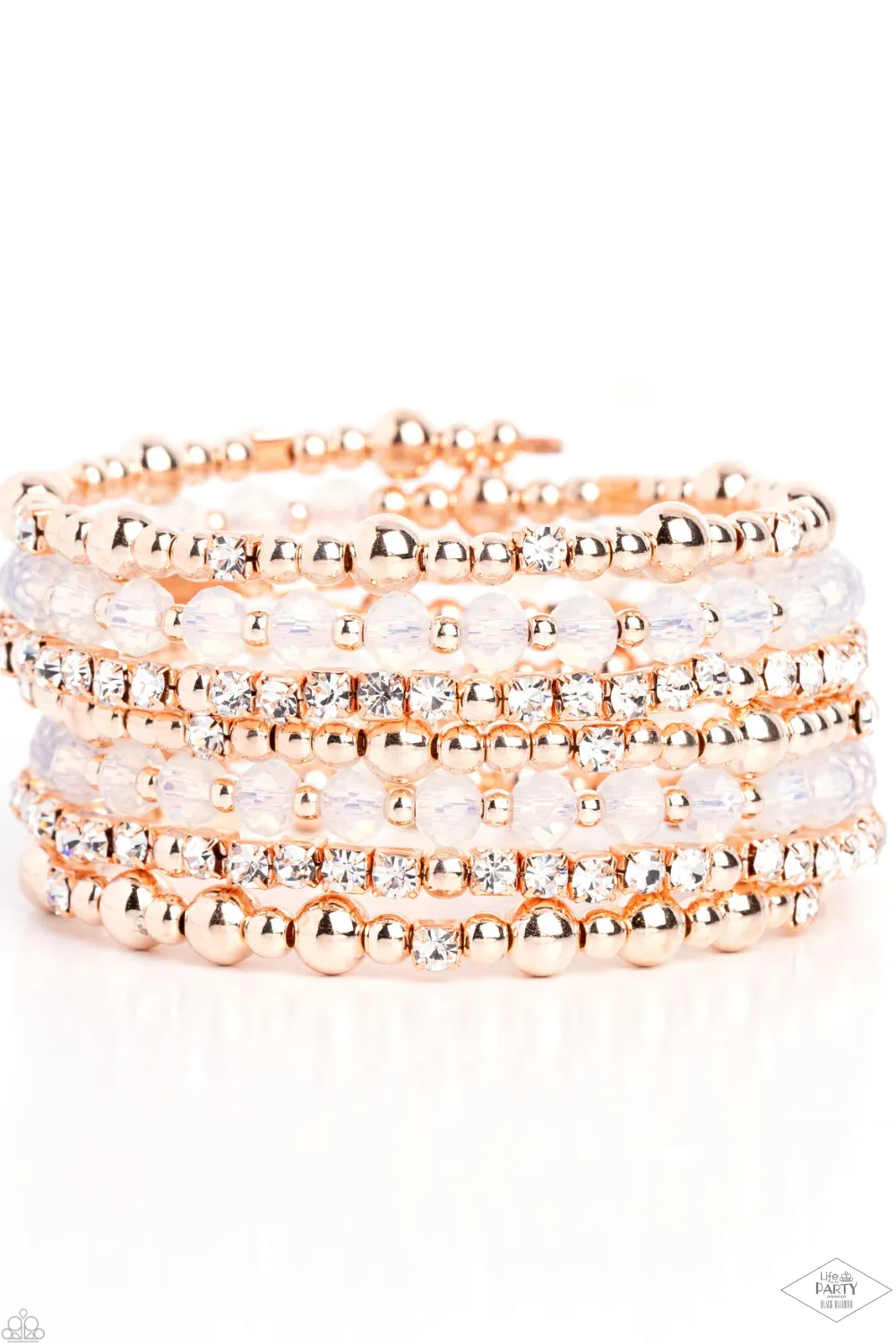 "Ice Knowing You" Rose Gold Beads & Clear/White Rhinestone Flexible COIL Bracelet