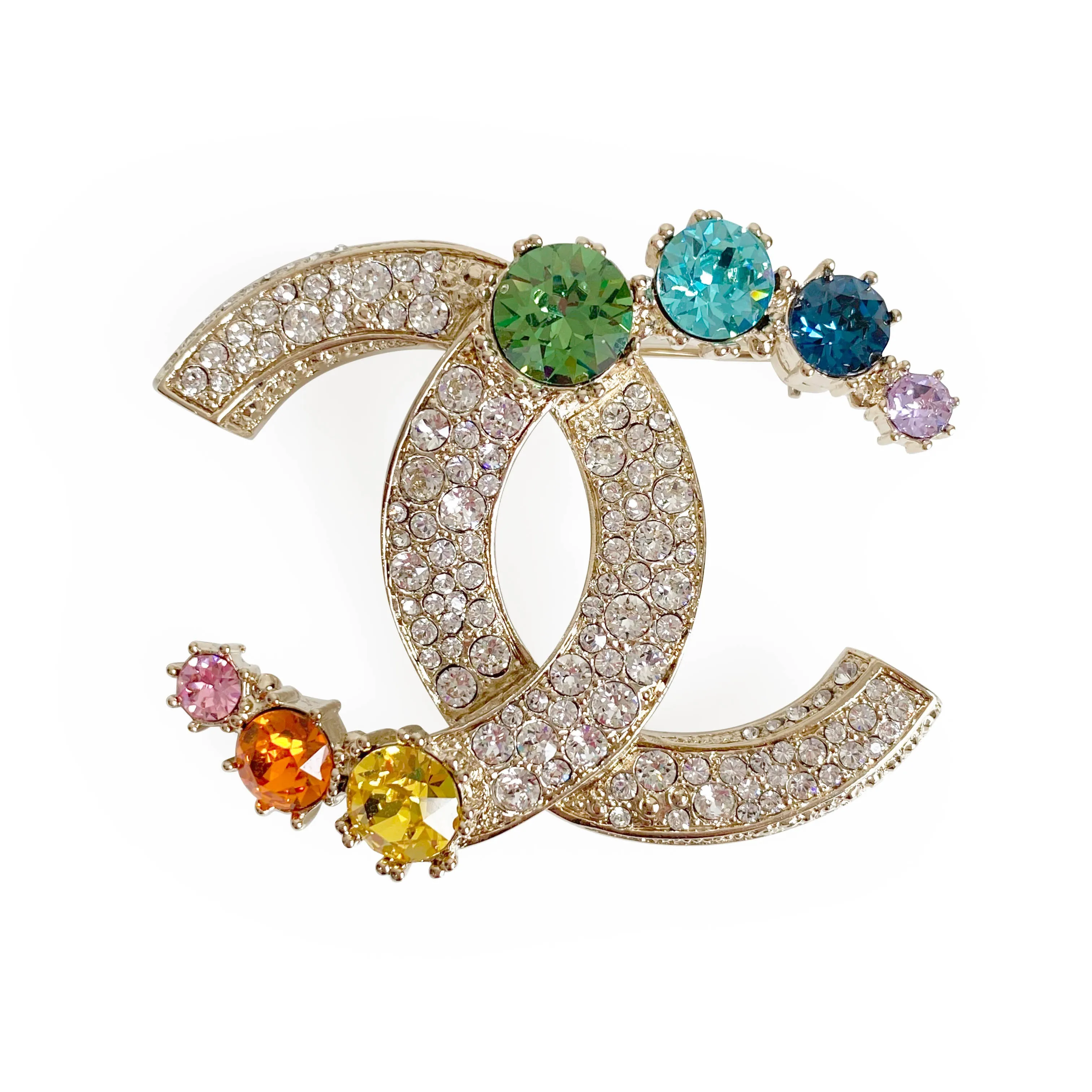 Rainbow Crystal Oversized CC Logo Brooch