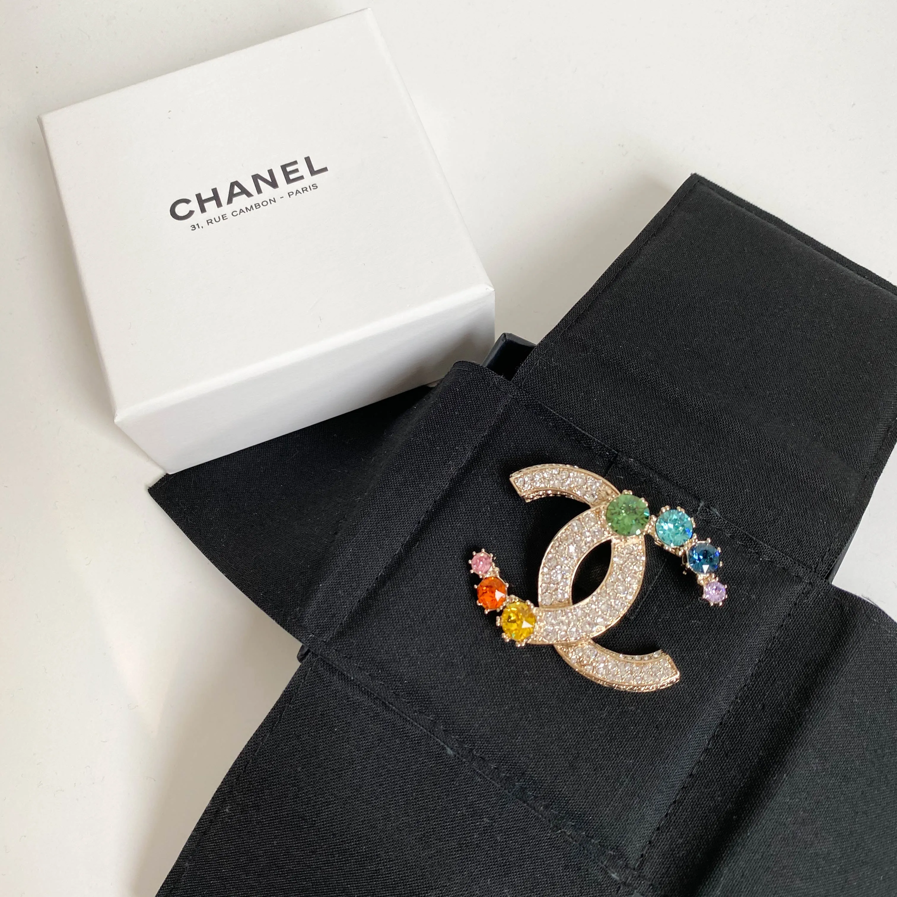 Rainbow Crystal Oversized CC Logo Brooch