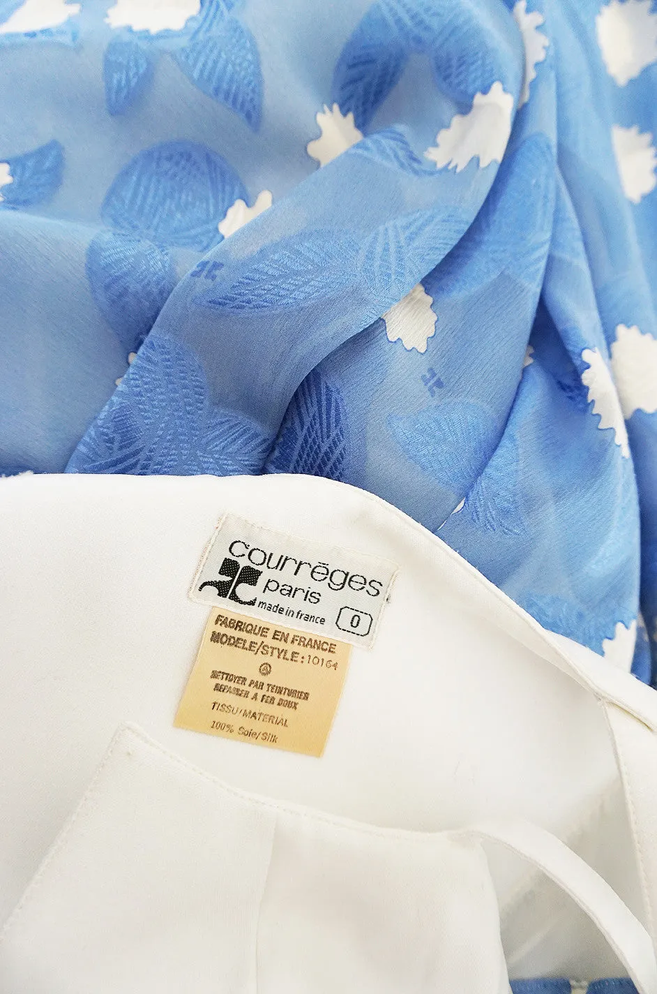 Rare 1970s Courreges Printed Blue Silk Chiffon Dress
