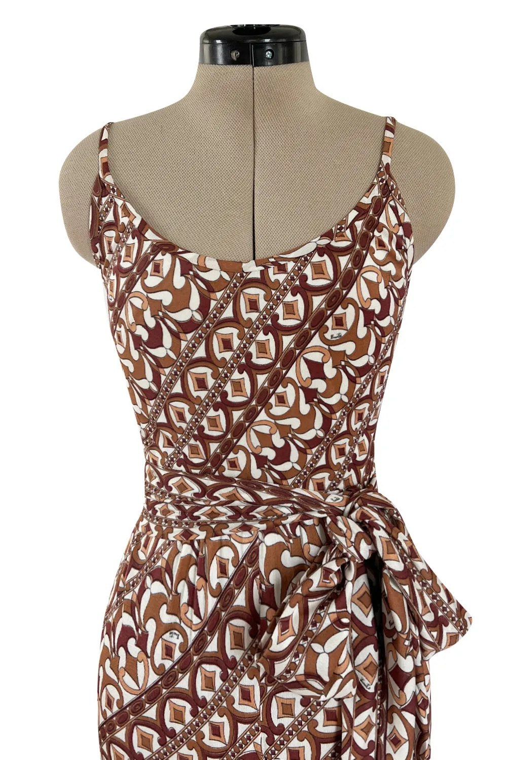 Rare 1970s Emilio Pucci Printed Taupe & White Silk Jersey Halter Jumpsuit w Belt
