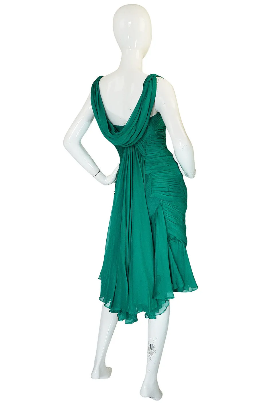 Rare c1958 Jean Desses Green Silk Elaborate Pleat Dress