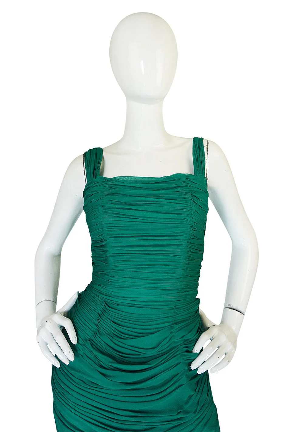 Rare c1958 Jean Desses Green Silk Elaborate Pleat Dress