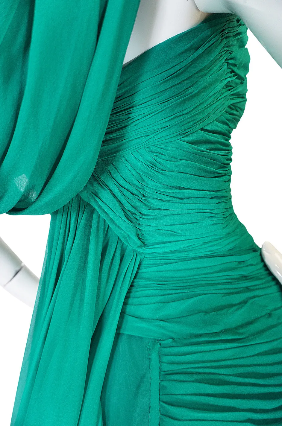 Rare c1958 Jean Desses Green Silk Elaborate Pleat Dress