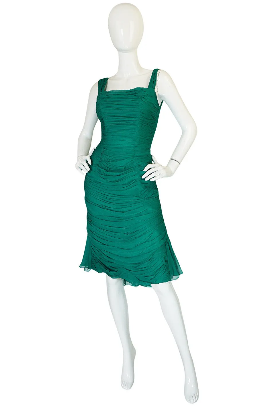 Rare c1958 Jean Desses Green Silk Elaborate Pleat Dress