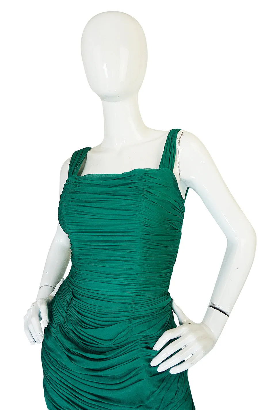 Rare c1958 Jean Desses Green Silk Elaborate Pleat Dress