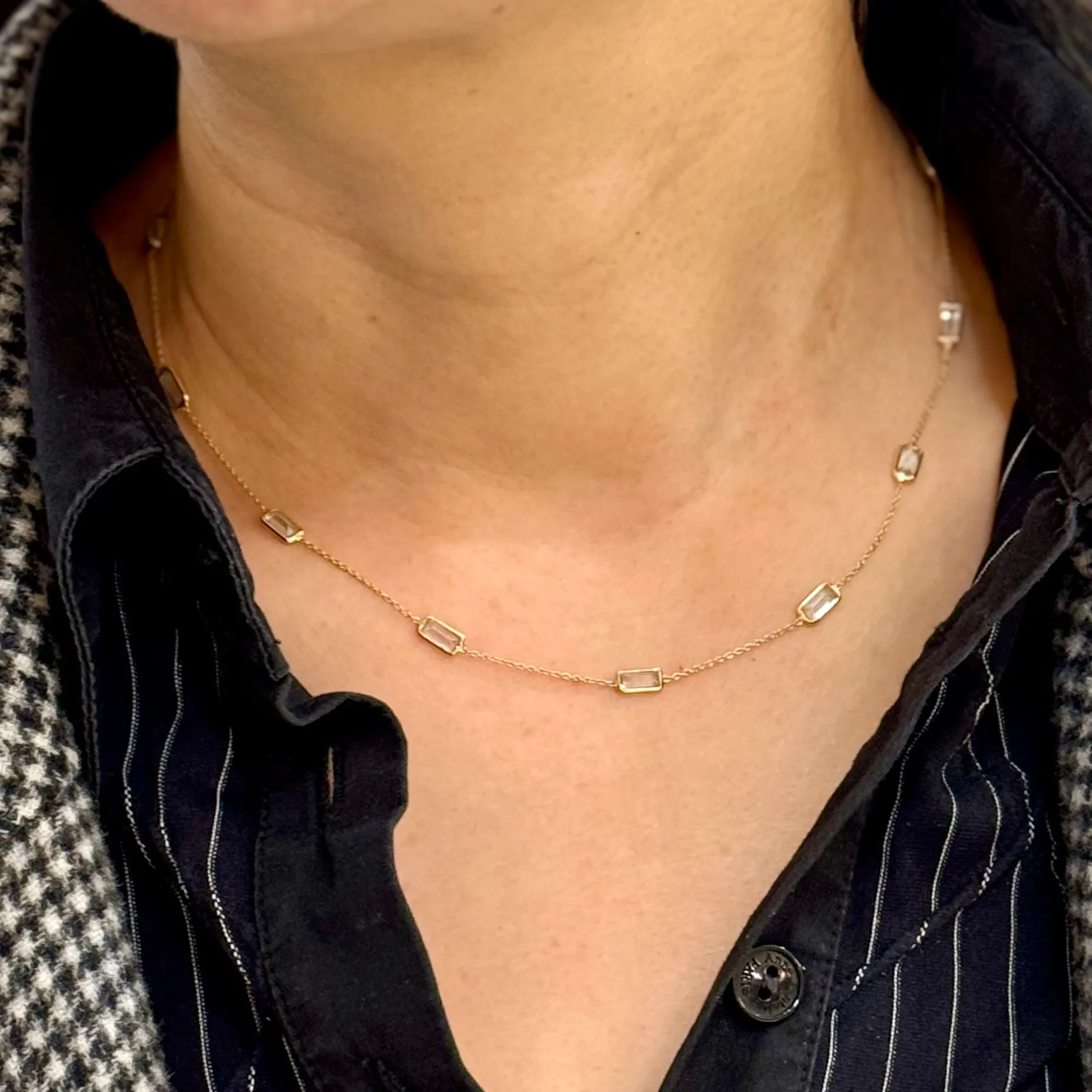 Rectangle Aquamarine Stationed Necklace In 14K