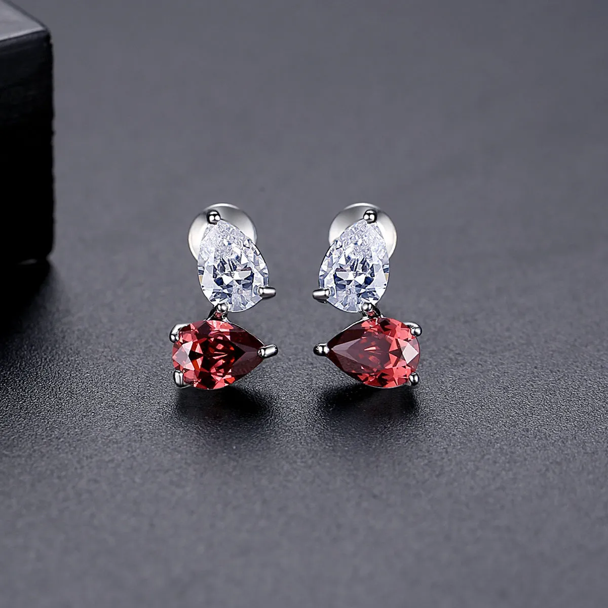 Red Crystal & Silver-Plated Stacked Stud Earrings