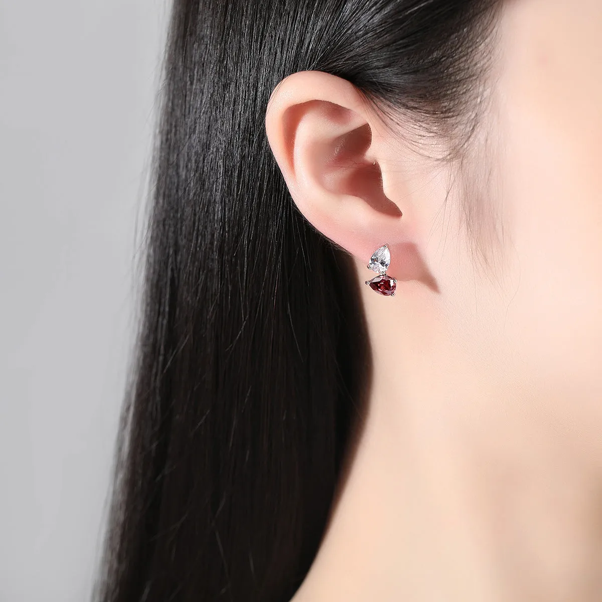 Red Crystal & Silver-Plated Stacked Stud Earrings