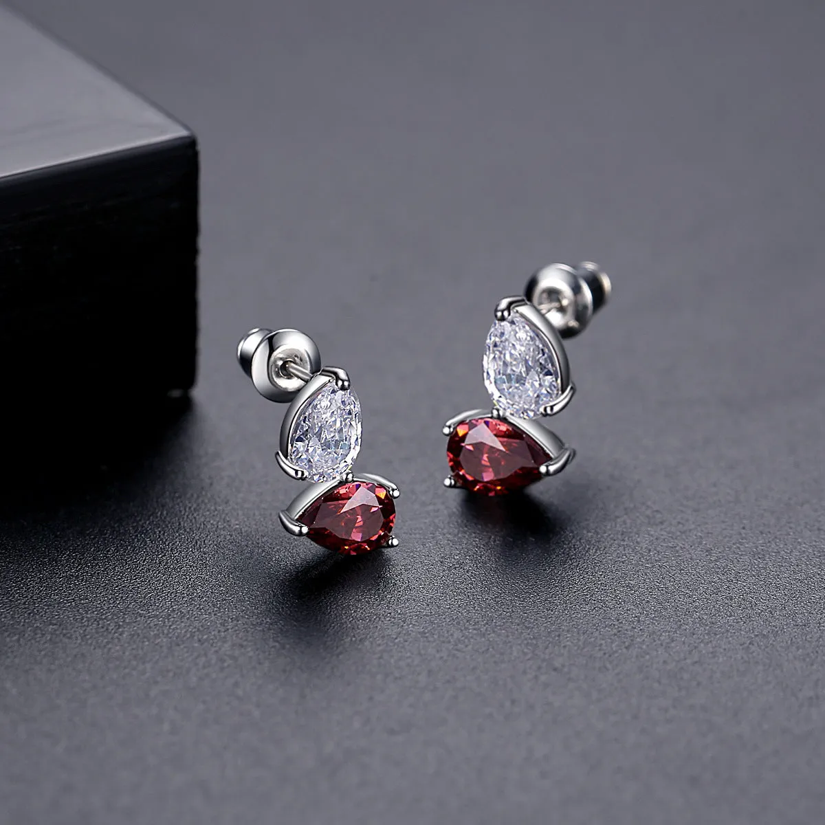 Red Crystal & Silver-Plated Stacked Stud Earrings