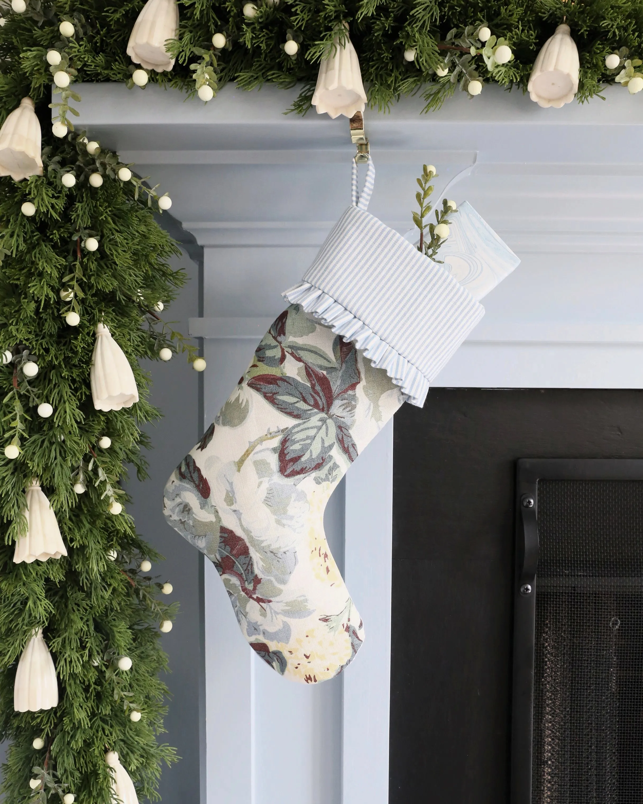 Rose & Hydrangea Stocking with Ticking Ruffles