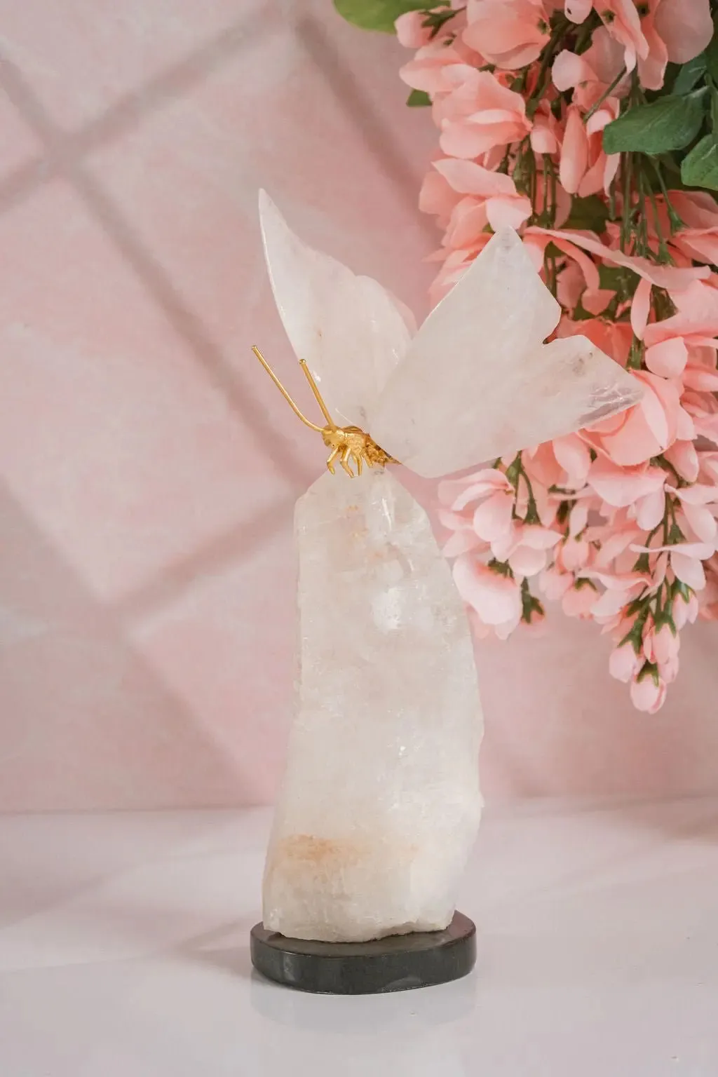 Rose Quartz Butterfly on Quartz Base