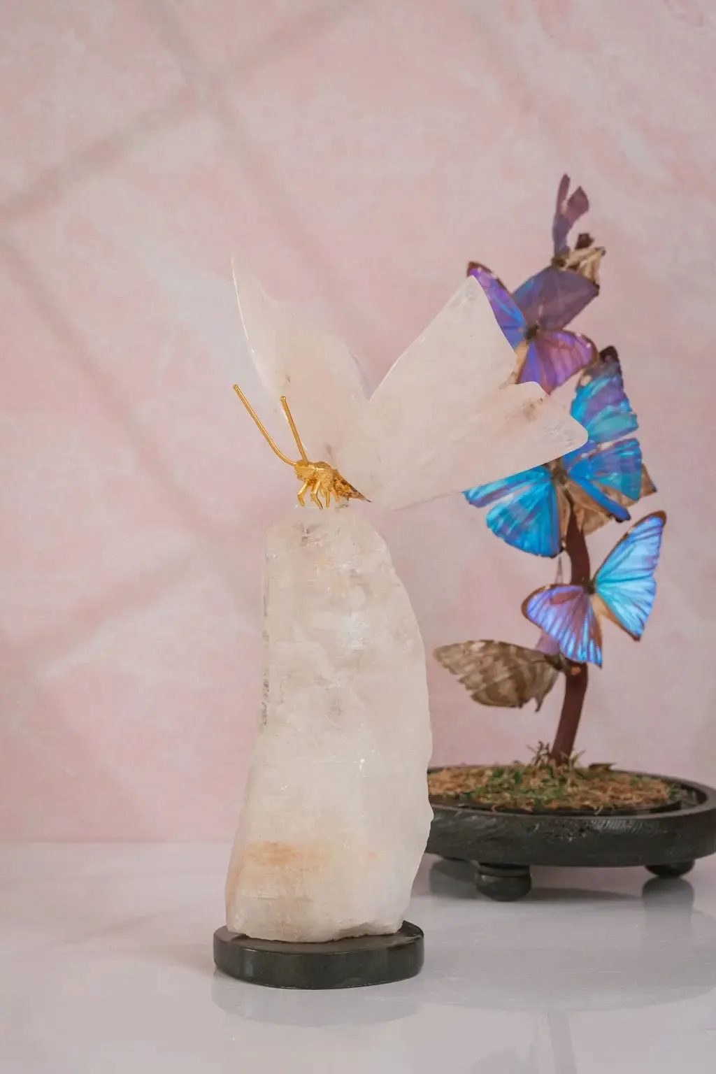 Rose Quartz Butterfly on Quartz Base