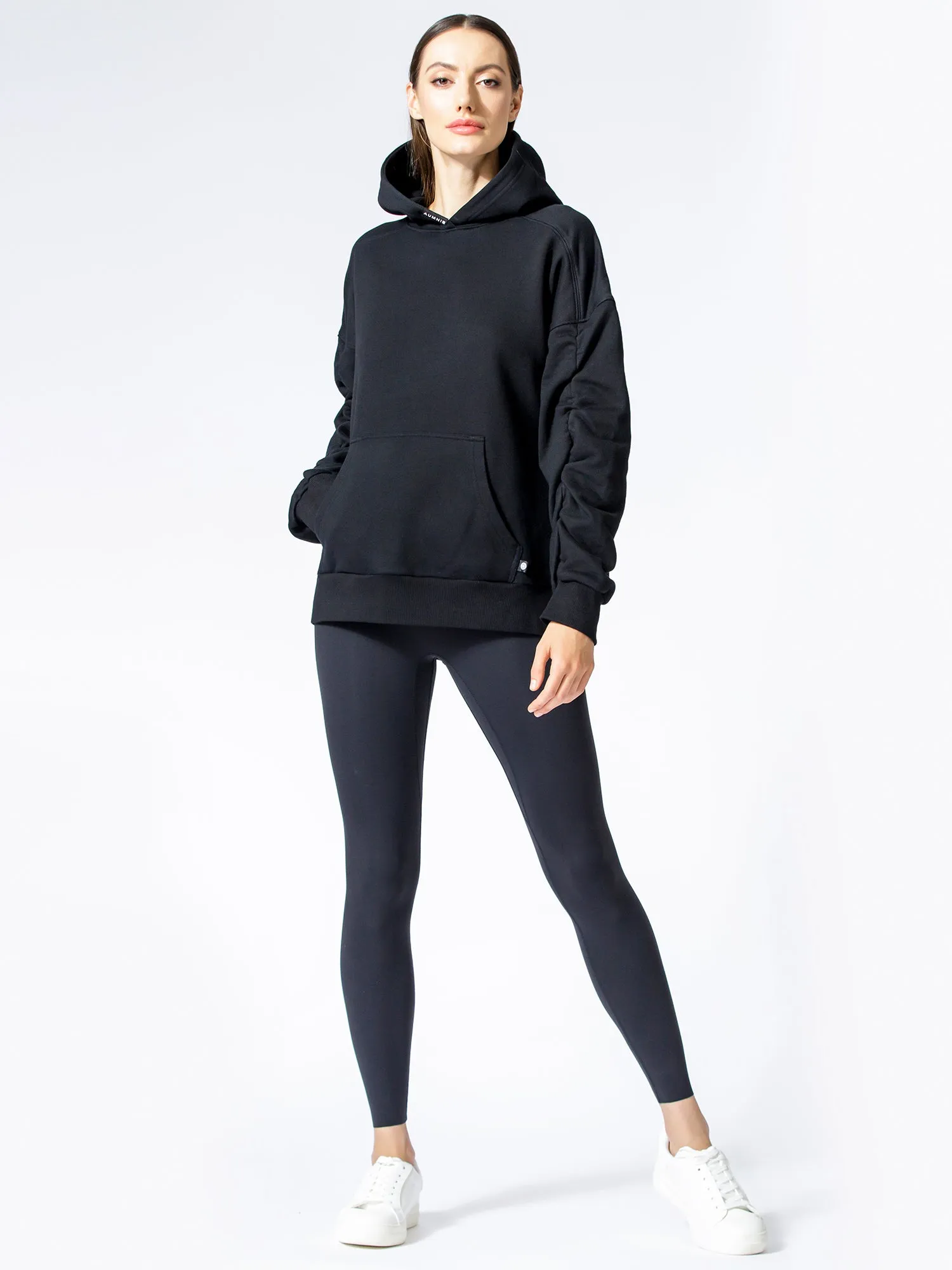 RUCHED RUNWAY HOODIE, BLACK