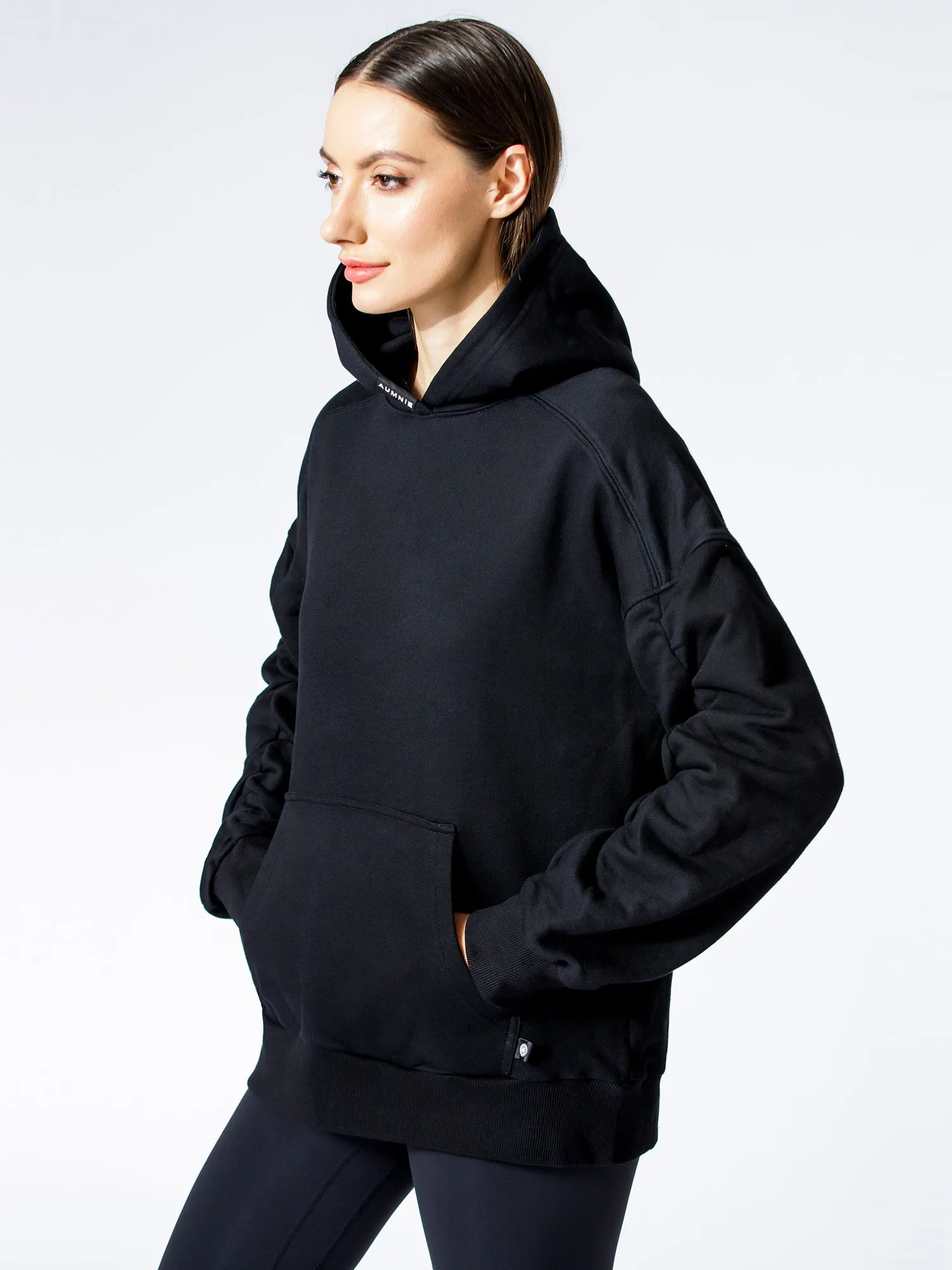 RUCHED RUNWAY HOODIE, BLACK