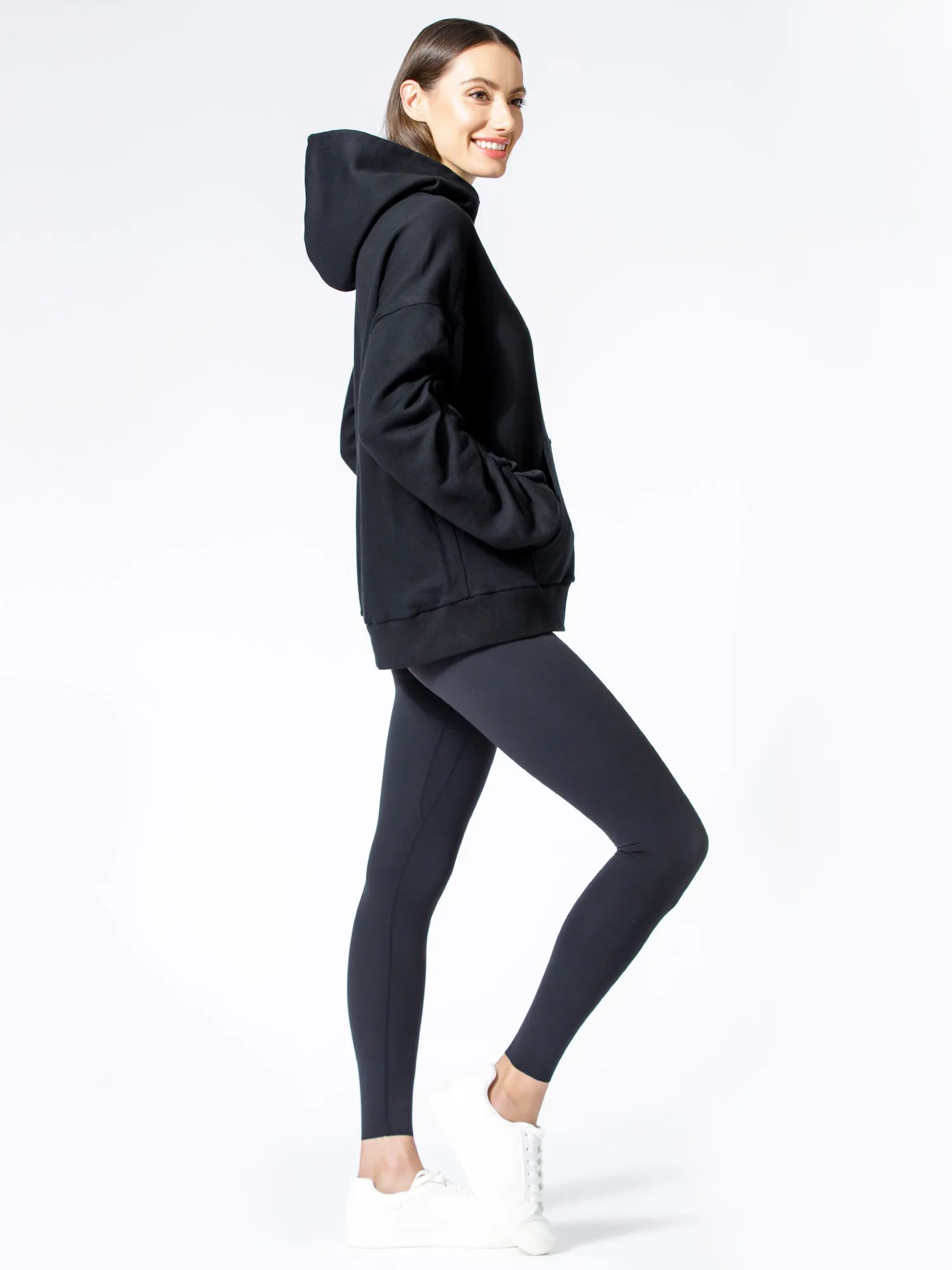 RUCHED RUNWAY HOODIE, BLACK