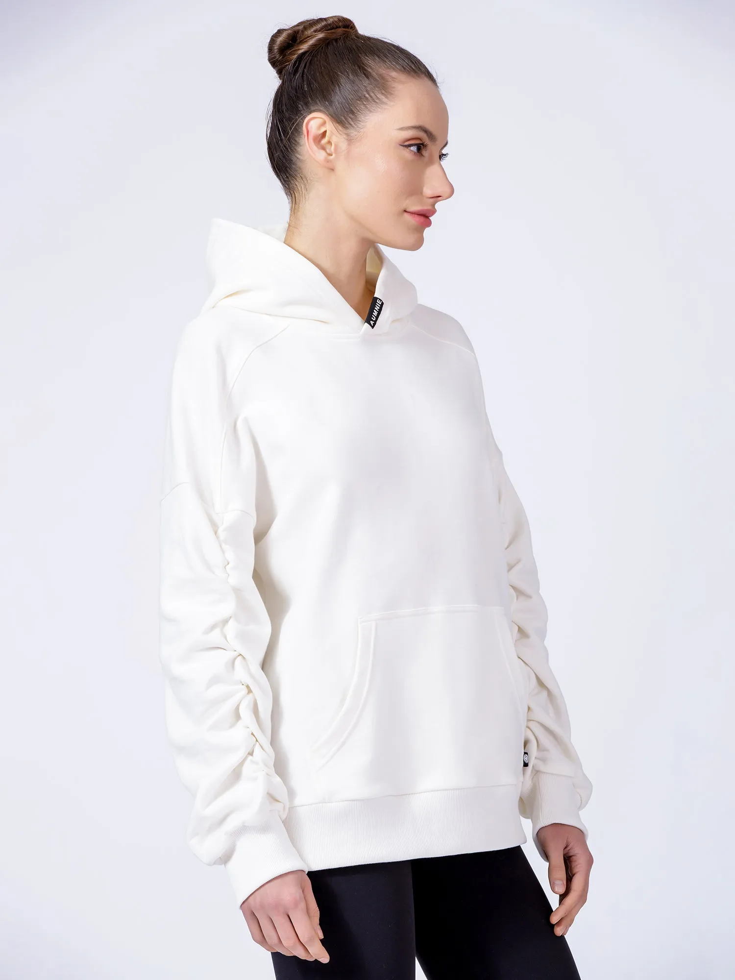 RUCHED RUNWAY HOODIE, WHITE