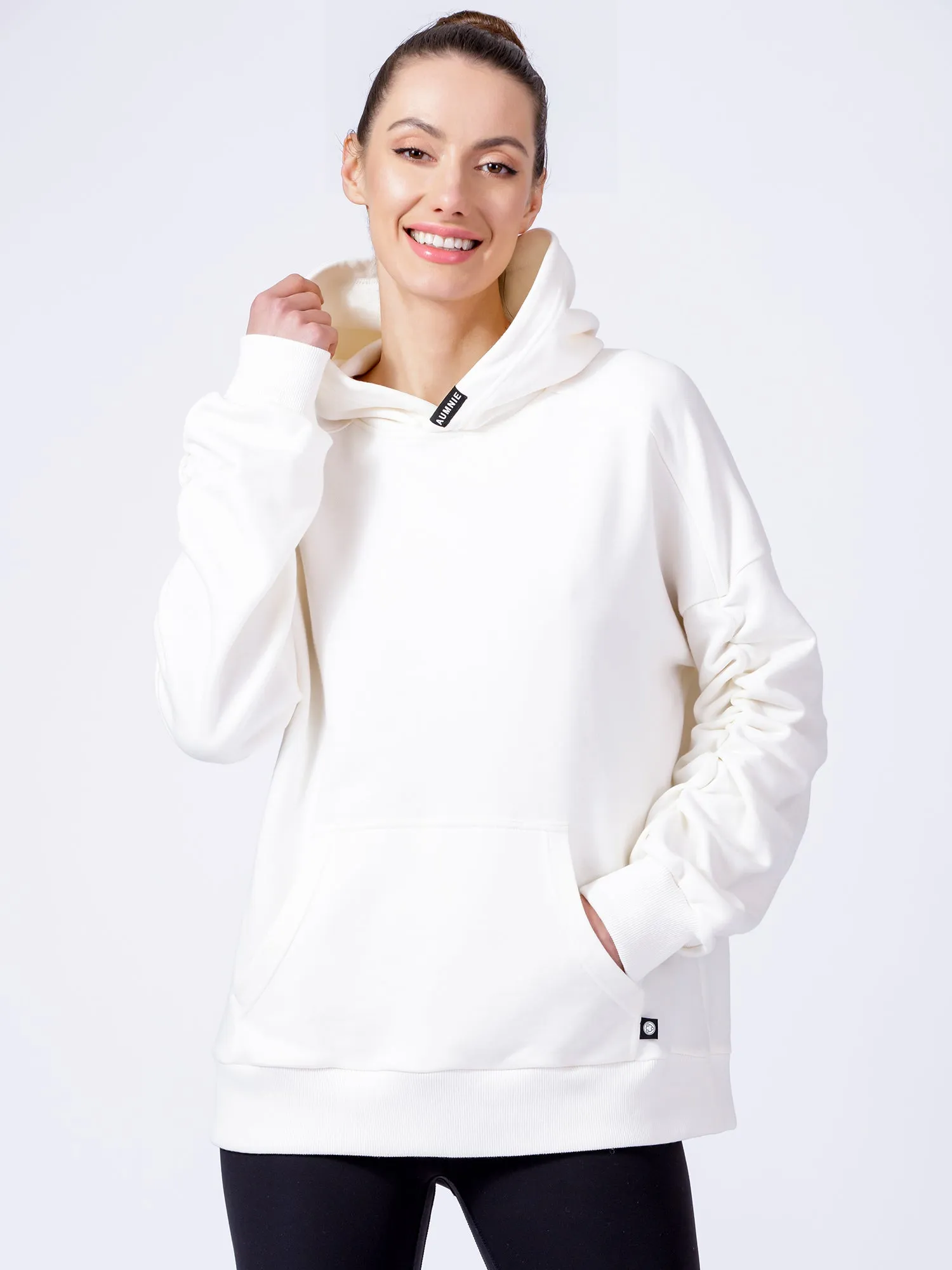 RUCHED RUNWAY HOODIE, WHITE