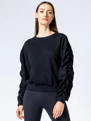 RUCHED RUNWAY SWEATSHIRT, BLACK